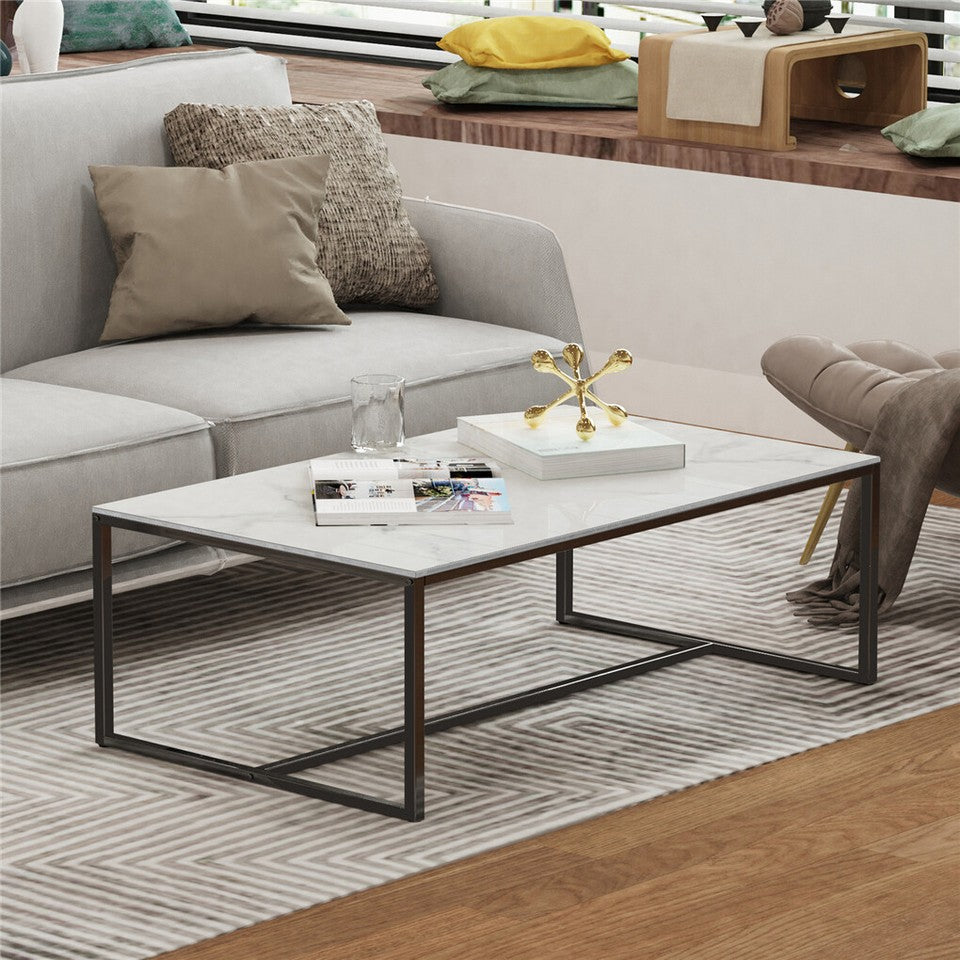 Extra Thick Marble Coffee Table White Sintered Stone Rectangular Center Table with Black Metal Frame V767-LH371-FCBY