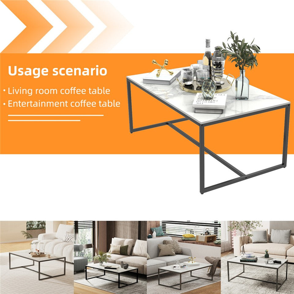 Extra Thick Marble Coffee Table White Sintered Stone Rectangular Center Table with Black Metal Frame V767-LH371-FCBY