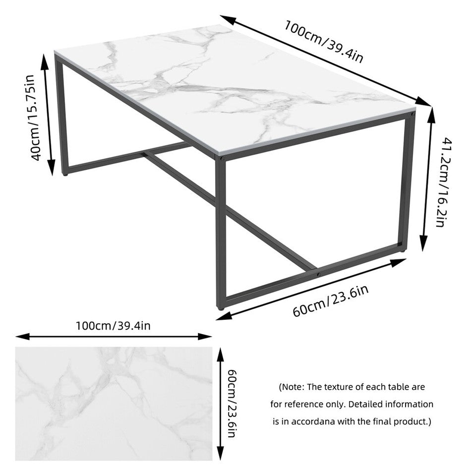 Extra Thick Marble Coffee Table White Sintered Stone Rectangular Center Table with Black Metal Frame V767-LH371-FCBY