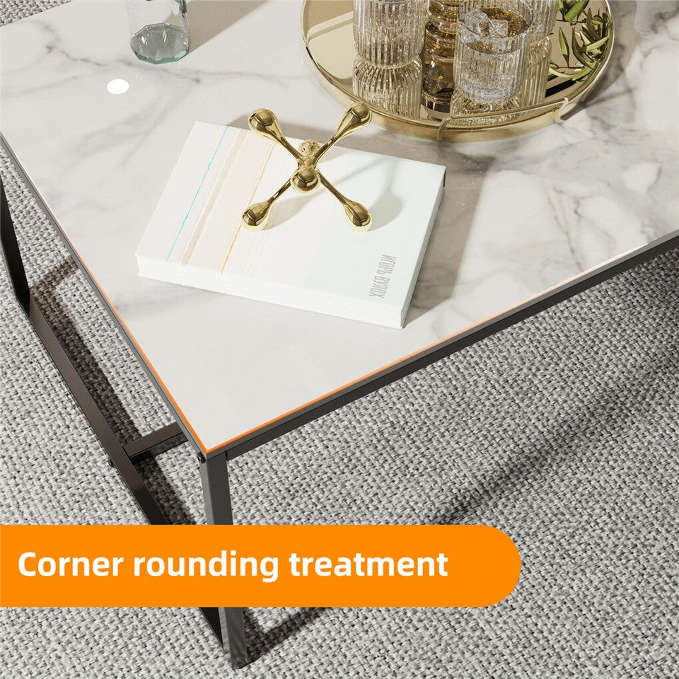 Extra Thick Marble Coffee Table White Sintered Stone Rectangular Center Table with Black Metal Frame V767-LH371-FCBY