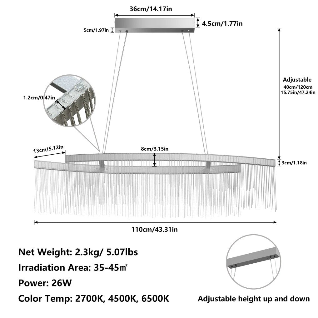 Modern LED Tassel Pendant Light Aluminum Linear Chandelier Dimmable Ceiling Lighting for Dining Room, Kitchen V767-LT-X119-110-G