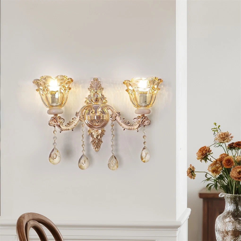 Rococo Gold Wall Sconce Floral Bedside Wall Lamp with Beveled Crystal Lighting for Hallway & Living Room V767-LT-X121