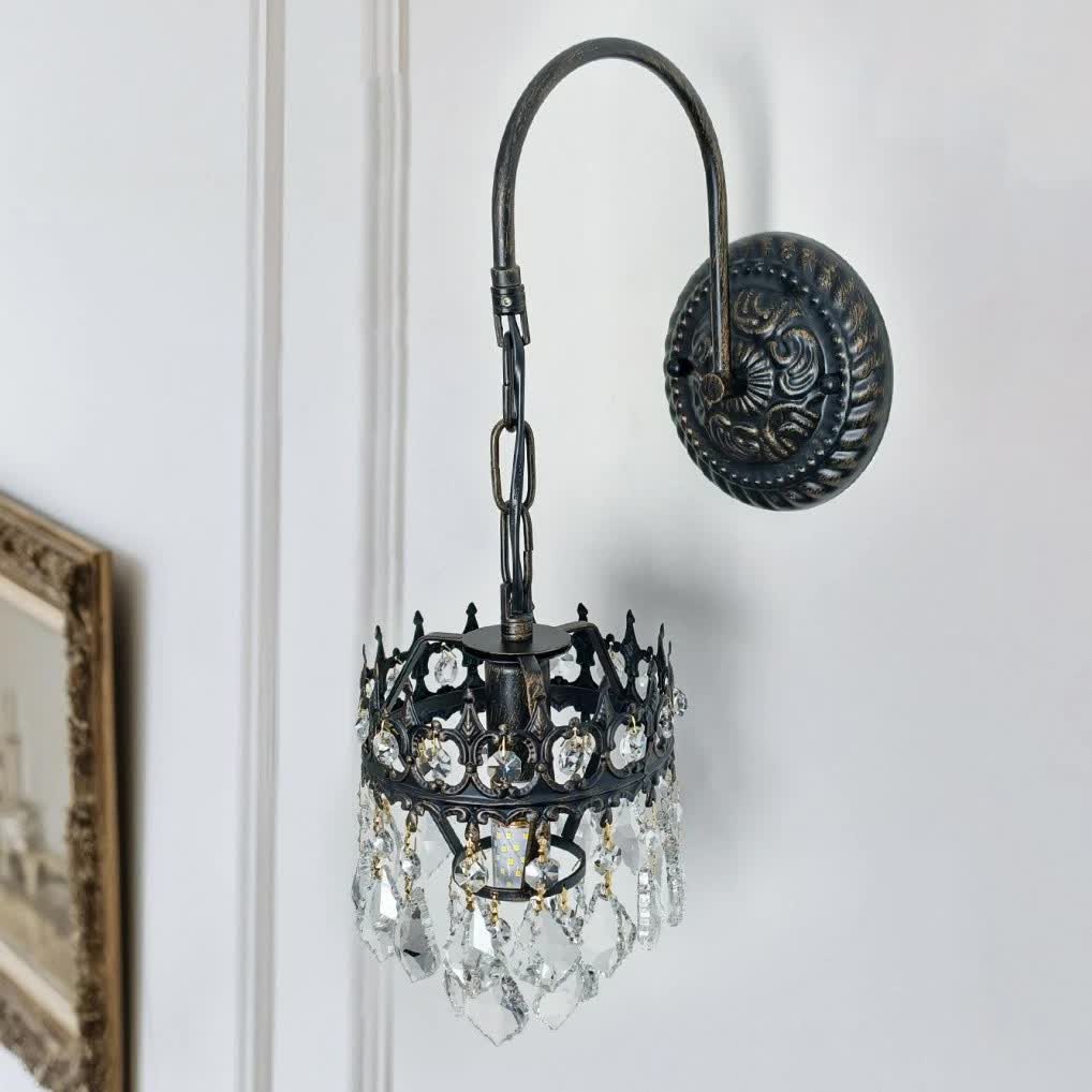Vintage Wall Light Sconce with Clear Crystals, Black and Gold Glass Wall Lamp, 3-Mode Dimmable LED E14 V767-LT-X142