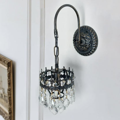 Vintage Wall Light Sconce with Clear Crystals, Black and Gold Glass Wall Lamp, 3-Mode Dimmable LED E14 V767-LT-X142