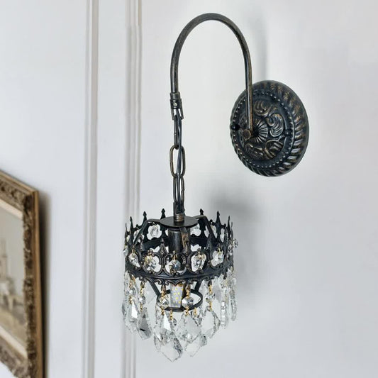 Vintage Wall Light Sconce with Clear Crystals, Black and Gold Glass Wall Lamp, 3-Mode Dimmable LED E14 V767-LT-X142