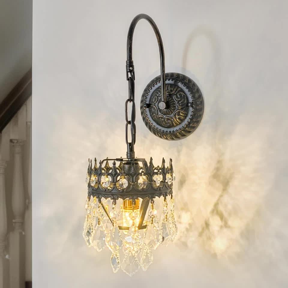 Vintage Wall Light Sconce with Clear Crystals, Black and Gold Glass Wall Lamp, 3-Mode Dimmable LED E14 V767-LT-X142
