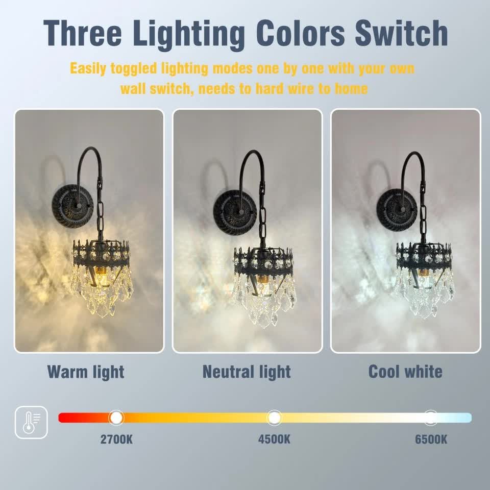 Vintage Wall Light Sconce with Clear Crystals, Black and Gold Glass Wall Lamp, 3-Mode Dimmable LED E14 V767-LT-X142