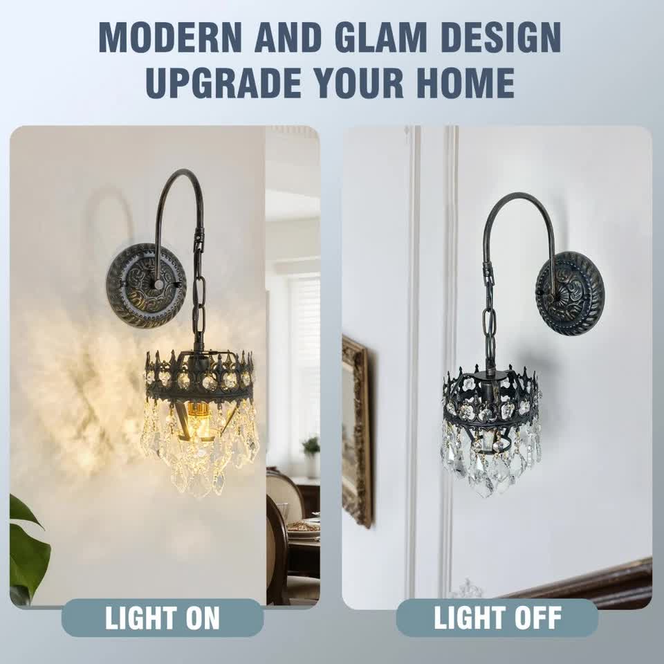 Vintage Wall Light Sconce with Clear Crystals, Black and Gold Glass Wall Lamp, 3-Mode Dimmable LED E14 V767-LT-X142