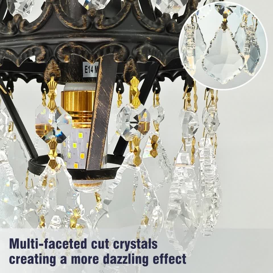 Vintage Wall Light Sconce with Clear Crystals, Black and Gold Glass Wall Lamp, 3-Mode Dimmable LED E14 V767-LT-X142