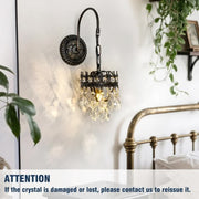Vintage Wall Light Sconce with Clear Crystals, Black and Gold Glass Wall Lamp, 3-Mode Dimmable LED E14 V767-LT-X142