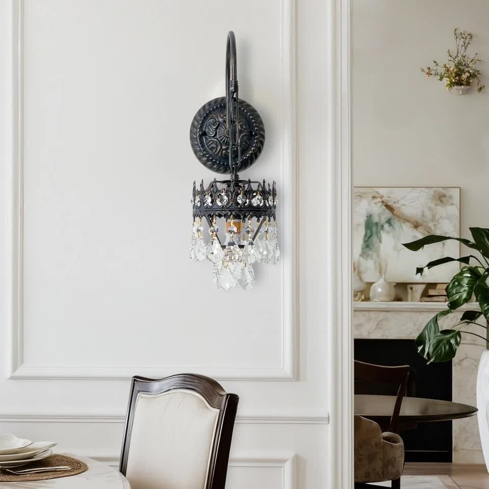 Vintage Wall Light Sconce with Clear Crystals, Black and Gold Glass Wall Lamp, 3-Mode Dimmable LED E14 V767-LT-X142