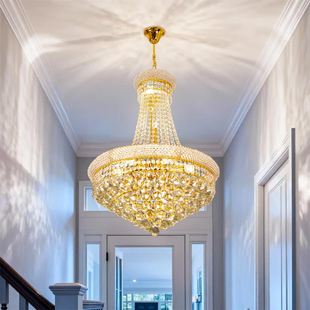 Luxury Empire Gold Crystal Chandelier Ceiling Light, Round Crystal Pendant Lamp with 3 Color Lighting, E14 V767-LT-X168-Y40