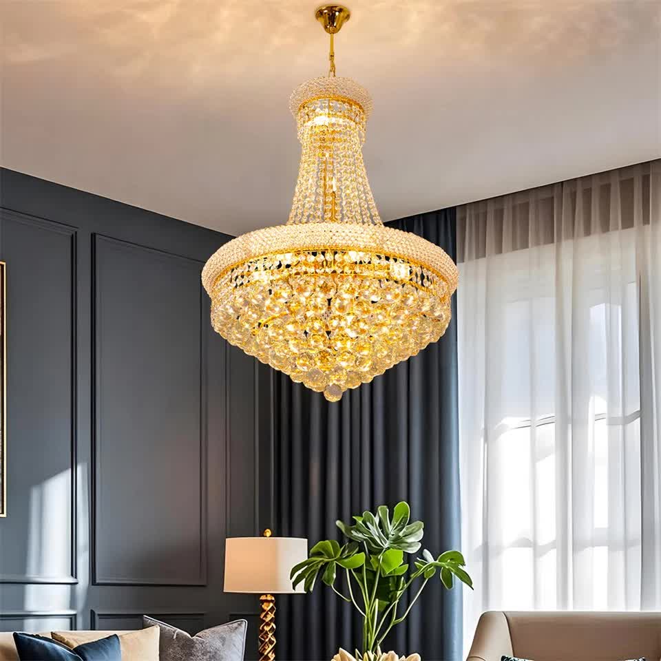 Luxury Empire Gold Crystal Chandelier Ceiling Light, Round Crystal Pendant Lamp with 3 Color Lighting, E14 V767-LT-X168-Y40