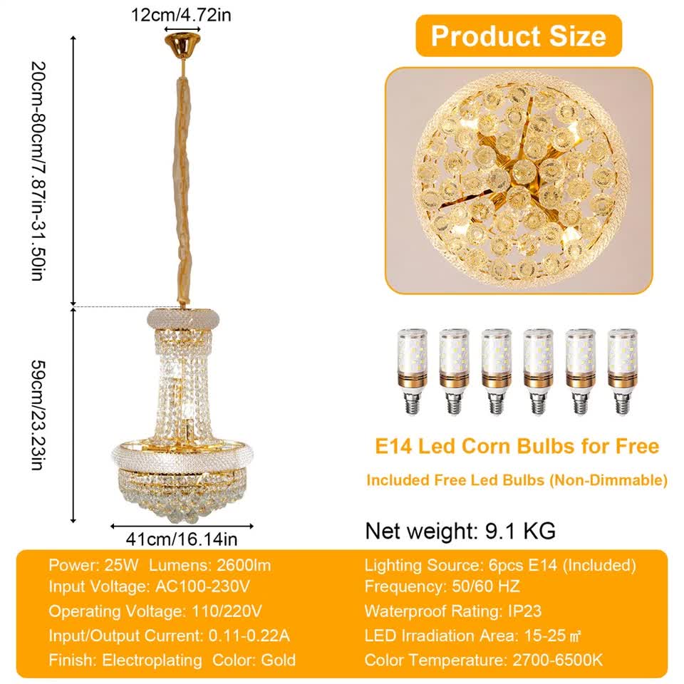 Luxury Empire Gold Crystal Chandelier Ceiling Light, Round Crystal Pendant Lamp with 3 Color Lighting, E14 V767-LT-X168-Y40