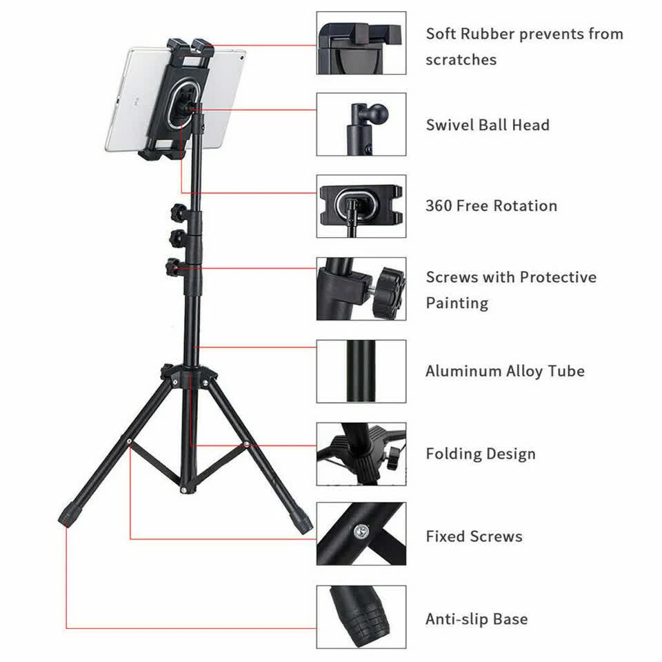Adjustable 4.7-12.9" Stable Tripod Floor Stand Lazy Tablet Mount Holder for iPad V767-MGF021