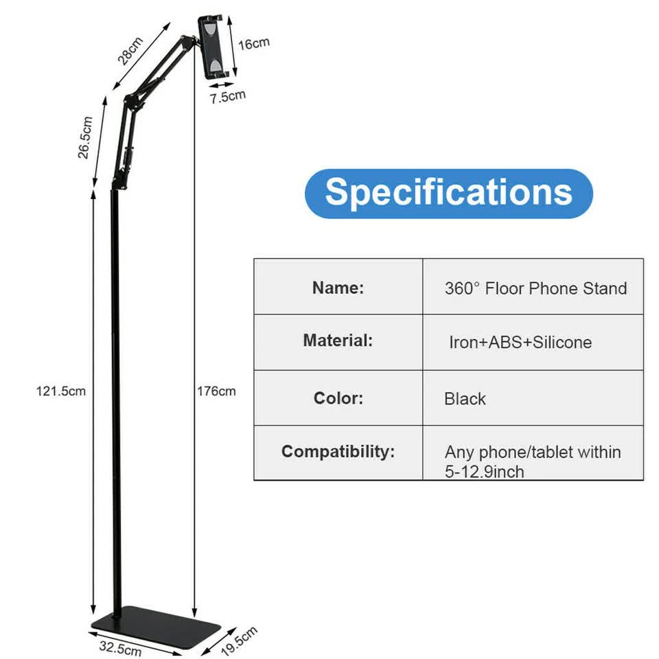 360 Tablet Floor Stand Adjustable 5-12.9 Inch Overhead Phone Desktop Holder V767-MGF050