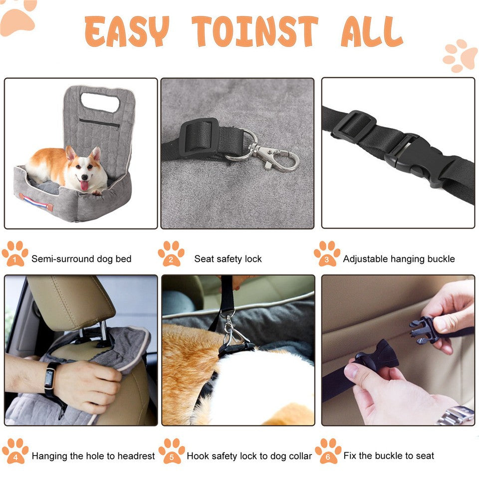 Large Cozy Dog Car Booster Double-Side Cushion Pet Travel Bed with Adjustable Strap V767-P-XD124