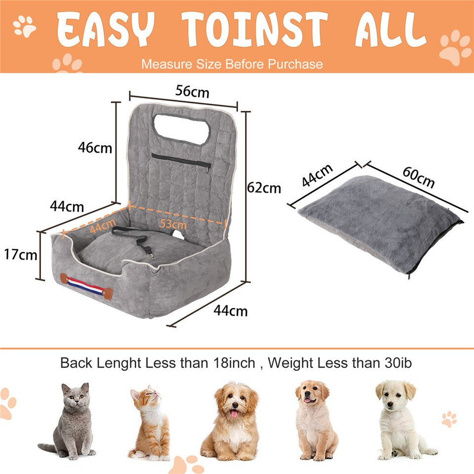 Large Cozy Dog Car Booster Double-Side Cushion Pet Travel Bed with Adjustable Strap V767-P-XD124