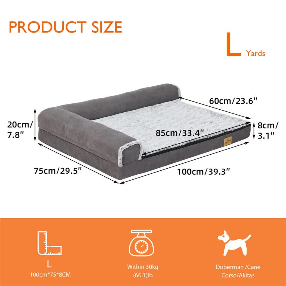 L-Shaped Dog Bed with Bolstered Cushion & Neck Care Size Large V767-P-XD388-L