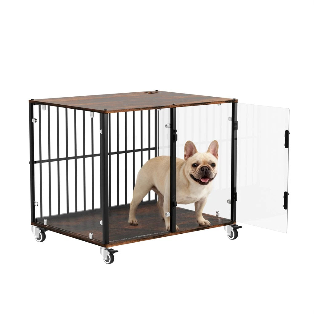 Anti-Bite Glass Indoor Dog Cage - Modern Furniture Style Dog Kennel End Table with Lockable Wheels and Double V767-P-XGB-12M