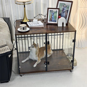 Anti-Bite Glass Indoor Dog Cage - Modern Furniture Style Dog Kennel End Table with Lockable Wheels and Double V767-P-XGB-12M