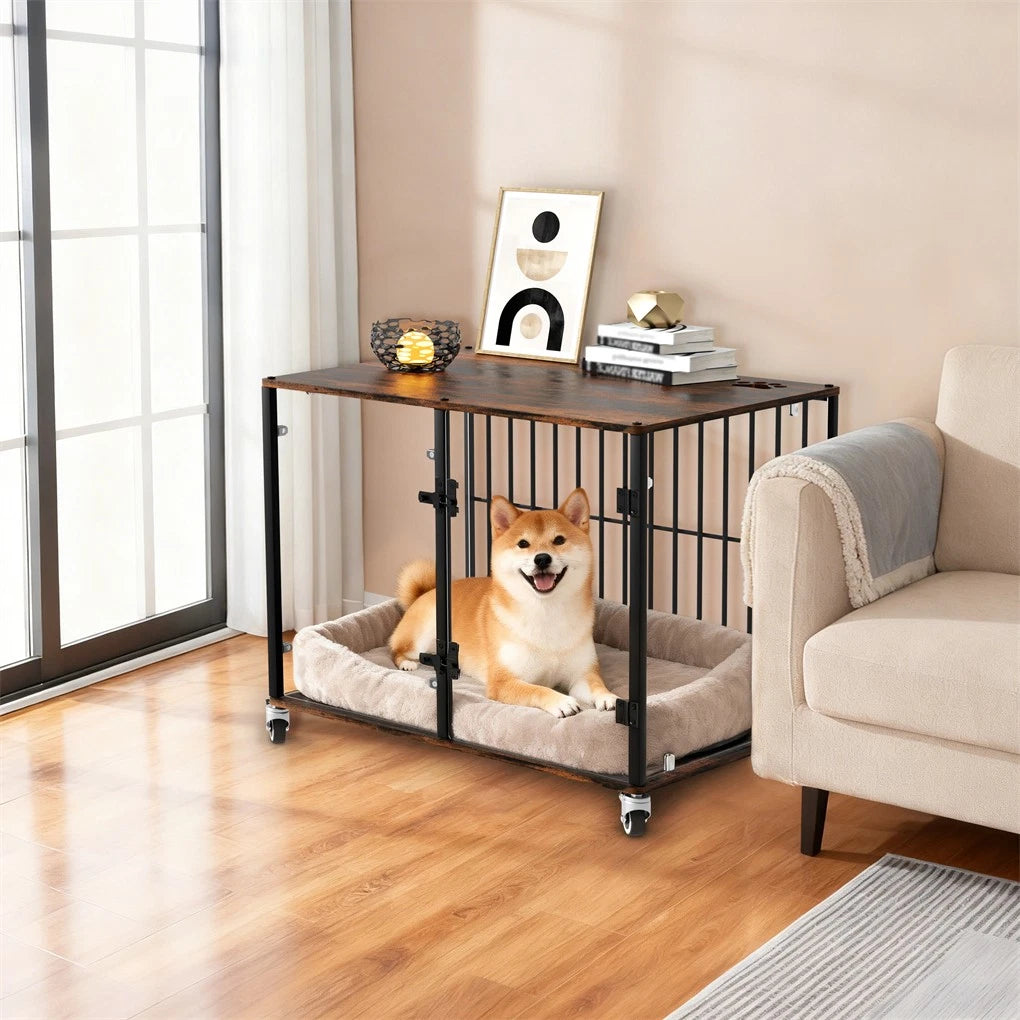 Anti-Bite Glass Indoor Dog Cage - Modern Furniture Style Dog Kennel End Table with Lockable Wheels and Double V767-P-XGB-12M