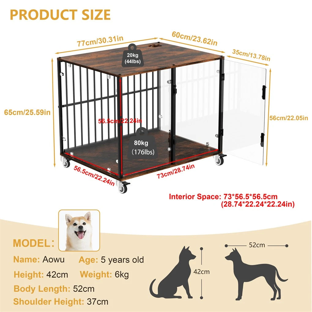 Anti-Bite Glass Indoor Dog Cage - Modern Furniture Style Dog Kennel End Table with Lockable Wheels and Double V767-P-XGB-12M