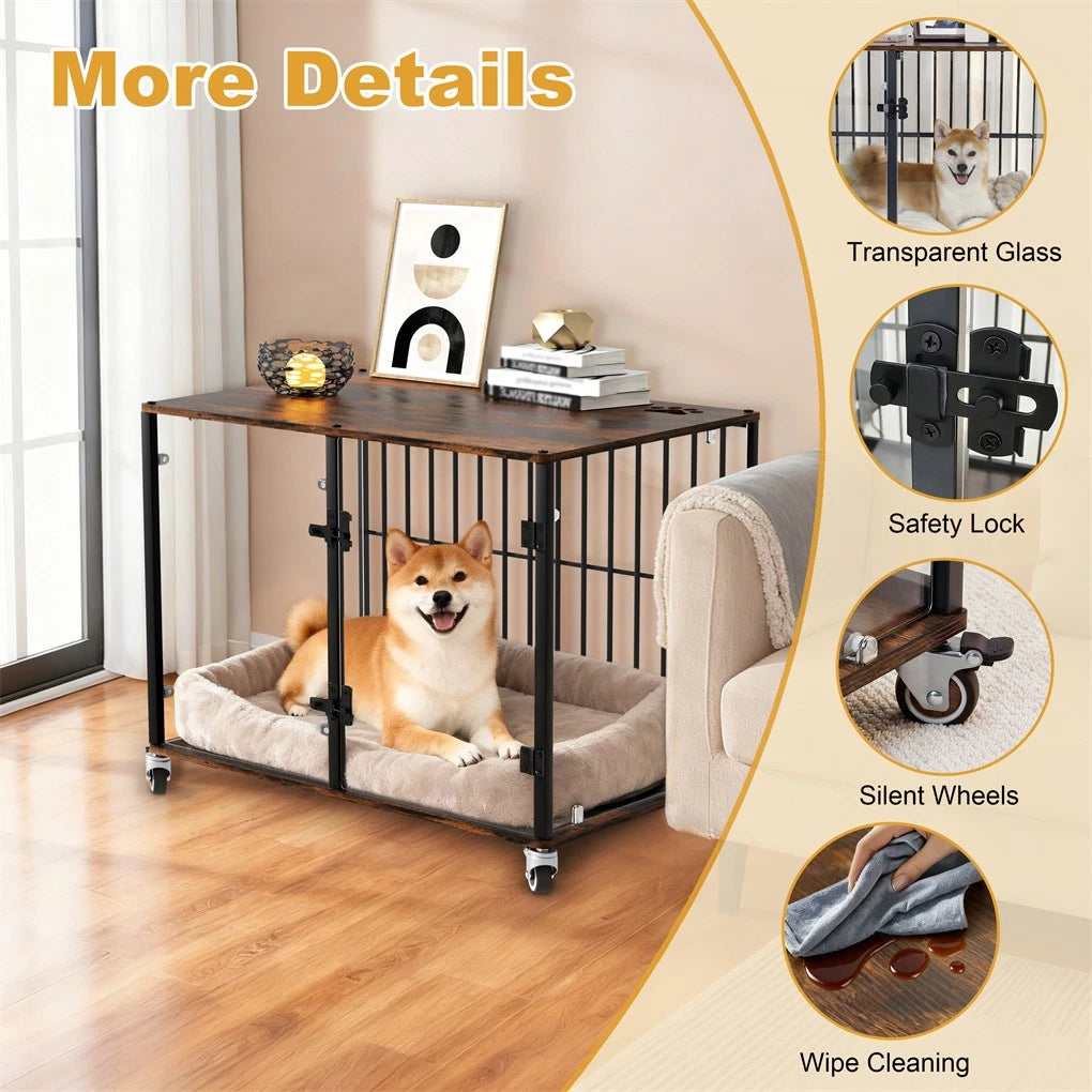 Anti-Bite Glass Indoor Dog Cage - Modern Furniture Style Dog Kennel End Table with Lockable Wheels and Double V767-P-XGB-12M