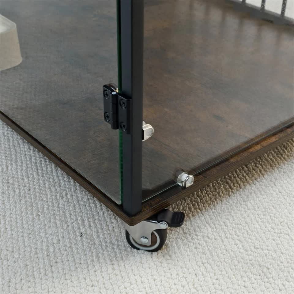 Anti-Bite Glass Indoor Dog Cage - Modern Furniture Style Dog Kennel End Table with Lockable Wheels and Double V767-P-XGB-12M