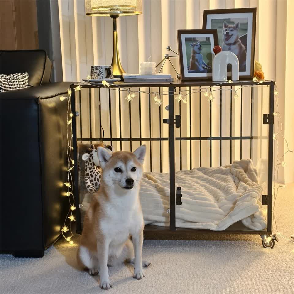 Anti-Bite Glass Indoor Dog Cage - Modern Furniture Style Dog Kennel End Table with Lockable Wheels and Double V767-P-XGB-12M