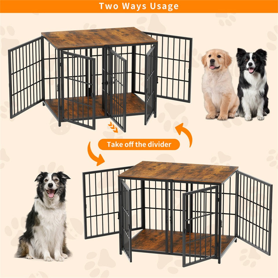 Fin 4 Doors Ultra Thicken Dog Crate Cage End Table Divided Dog Puppy Kennel For 2 Dog V767-P-XL1198-BK-V1