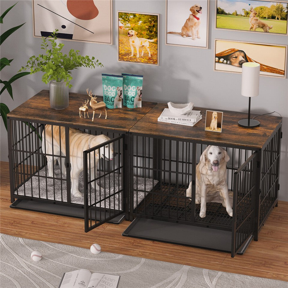 Black Large Sturdy Wooden Dog Crate with Tray V767-P-XL171-L-BK-V2