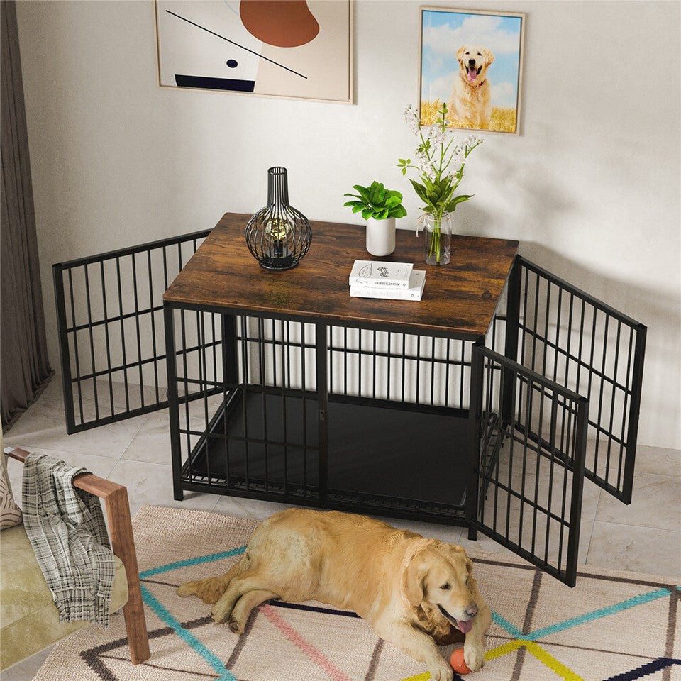 Black Large Sturdy Wooden Dog Crate with Tray V767-P-XL171-L-BK-V2