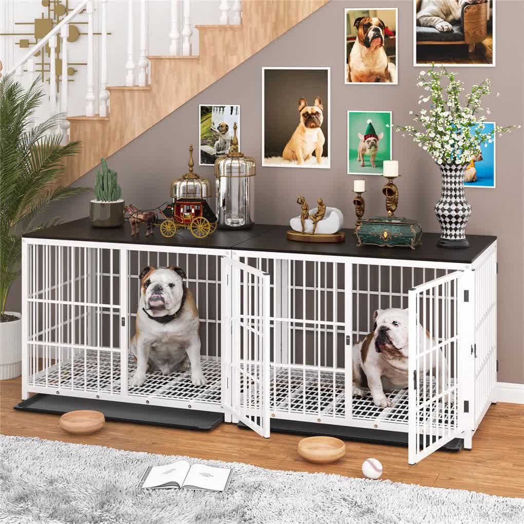 Indestructible Wooden Dog Crate Furniture With Divider For 2 Dogs Cage End Table V767-P-XL171-L-WT-V2