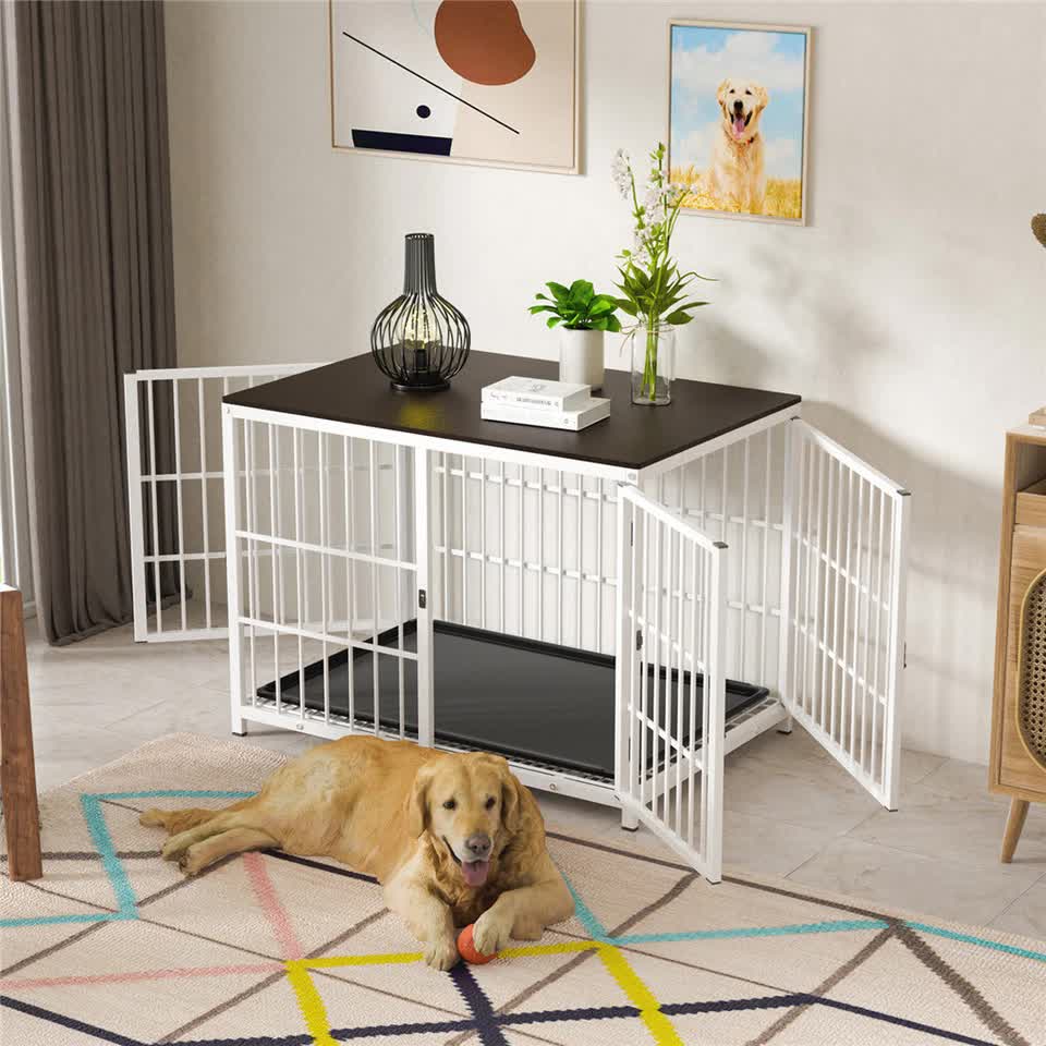 Indestructible Wooden Dog Crate Furniture With Divider For 2 Dogs Cage End Table V767-P-XL171-L-WT-V2