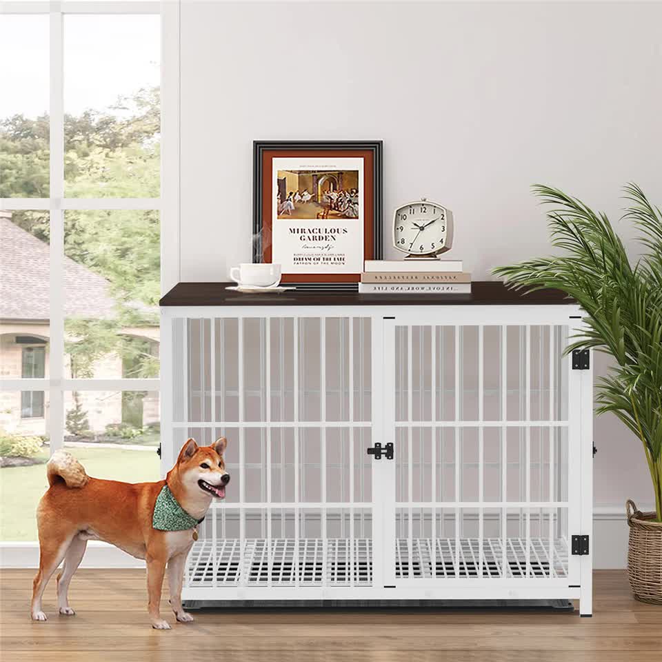 Indestructible Wooden Dog Crate Furniture With Divider For 2 Dogs Cage End Table V767-P-XL171-L-WT-V2