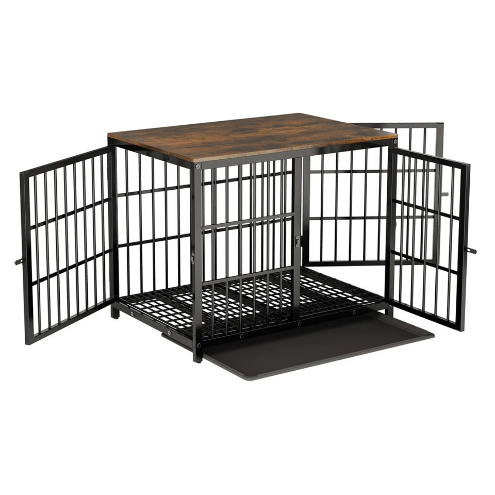 P&P Black Walnut Wooden Dog Crate with 3 Access Doors, Removable Tray and Stylish End Table V767-P-XL171-M-BK-V2