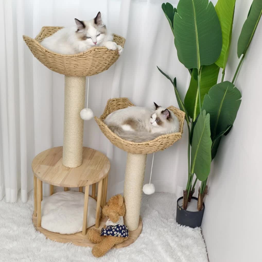 P&P Natural Wood White 3-Tier Cat Tower with Scratching Post, Condo and Plush Baskets V767-P-XM1671