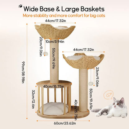 P&P Natural Wood White 3-Tier Cat Tower with Scratching Post, Condo and Plush Baskets V767-P-XM1671