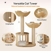 P&P Natural Wood White 3-Tier Cat Tower with Scratching Post, Condo and Plush Baskets V767-P-XM1671
