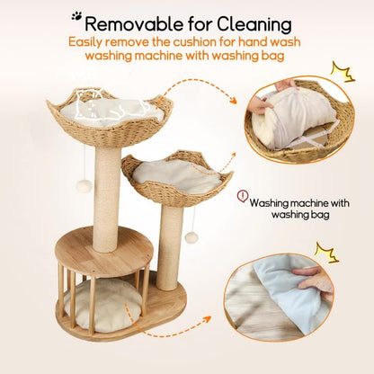 P&P Natural Wood White 3-Tier Cat Tower with Scratching Post, Condo and Plush Baskets V767-P-XM1671