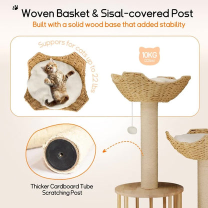 P&P Natural Wood White 3-Tier Cat Tower with Scratching Post, Condo and Plush Baskets V767-P-XM1671