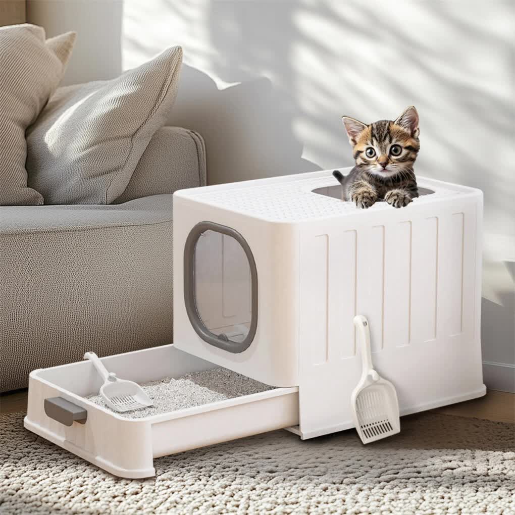 Big Top Entry Deep Tray Enclosed Kitty Cat Litter Box Easy To Clean Pull Handle V767-P-XM1672