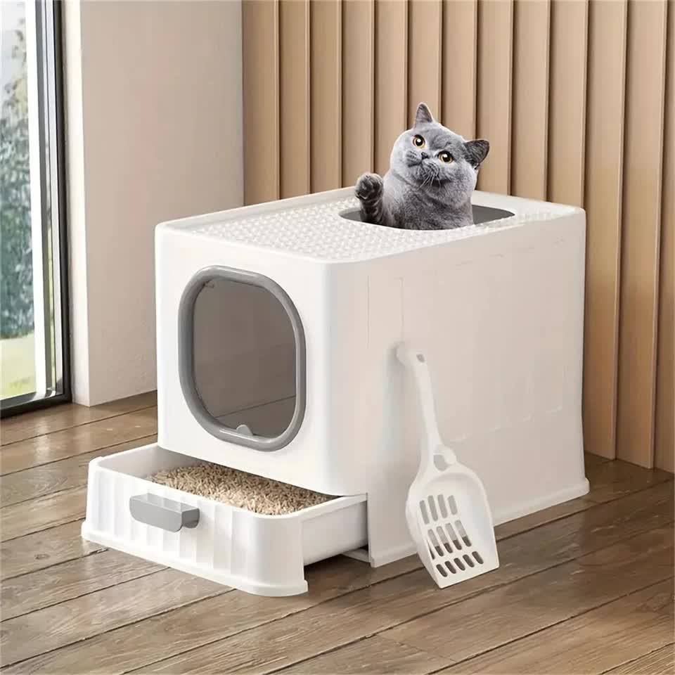 Big Top Entry Deep Tray Enclosed Kitty Cat Litter Box Easy To Clean Pull Handle V767-P-XM1672