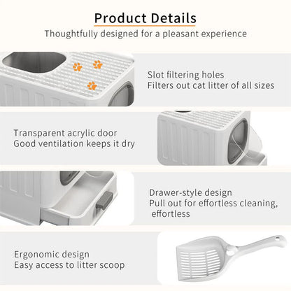 Big Top Entry Deep Tray Enclosed Kitty Cat Litter Box Easy To Clean Pull Handle V767-P-XM1672