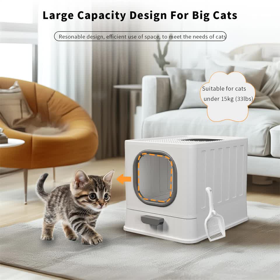 Big Top Entry Deep Tray Enclosed Kitty Cat Litter Box Easy To Clean Pull Handle V767-P-XM1672
