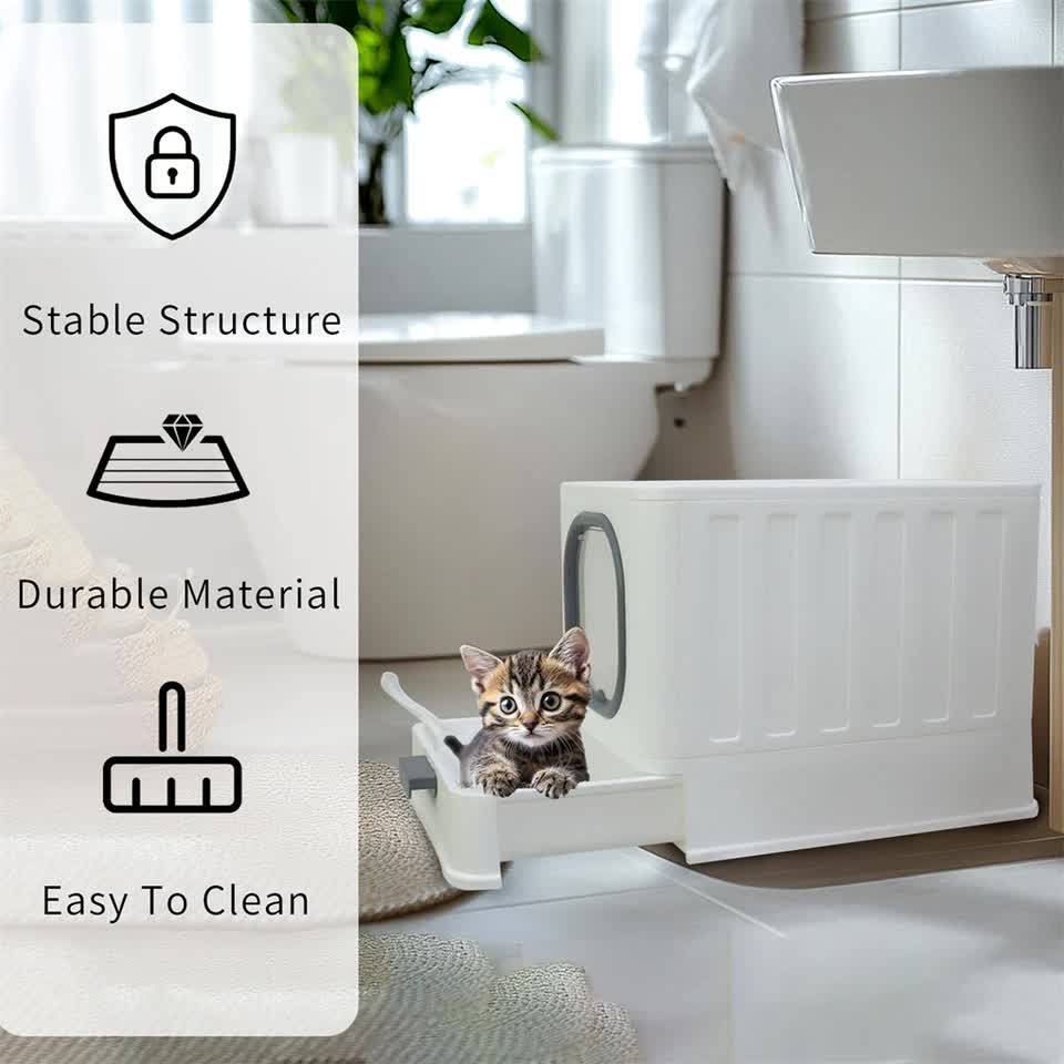 Big Top Entry Deep Tray Enclosed Kitty Cat Litter Box Easy To Clean Pull Handle V767-P-XM1672