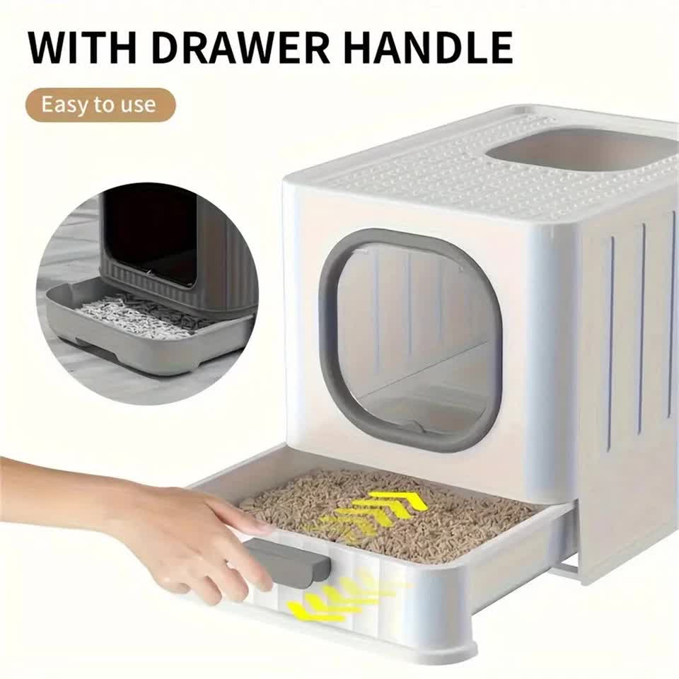 Big Top Entry Deep Tray Enclosed Kitty Cat Litter Box Easy To Clean Pull Handle V767-P-XM1672