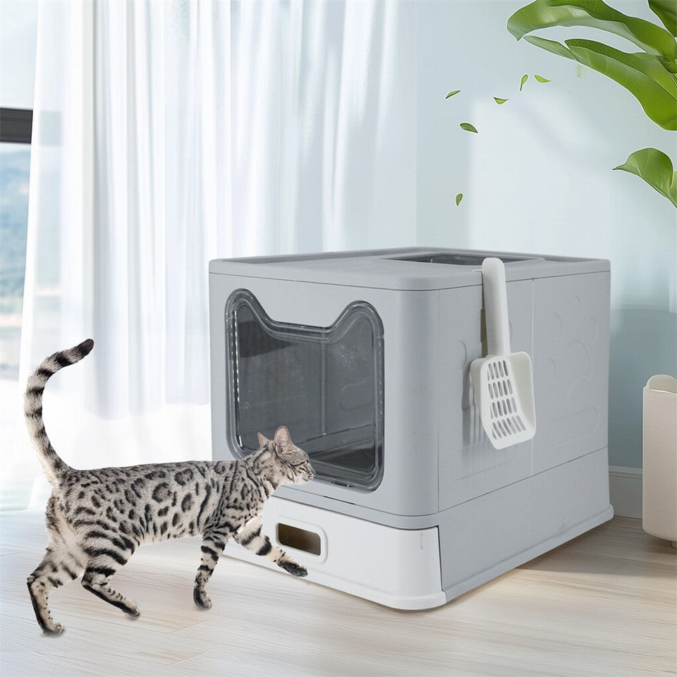 Stainless Steel Enclosed Cat Litter Box Top Exit Pet Toilet Box w/ Litter Scoop V767-P-XM1768