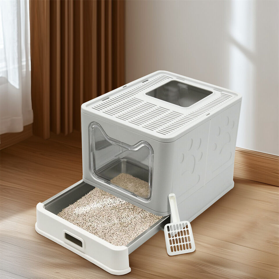 Stainless Steel Enclosed Cat Litter Box Top Exit Pet Toilet Box w/ Litter Scoop V767-P-XM1768